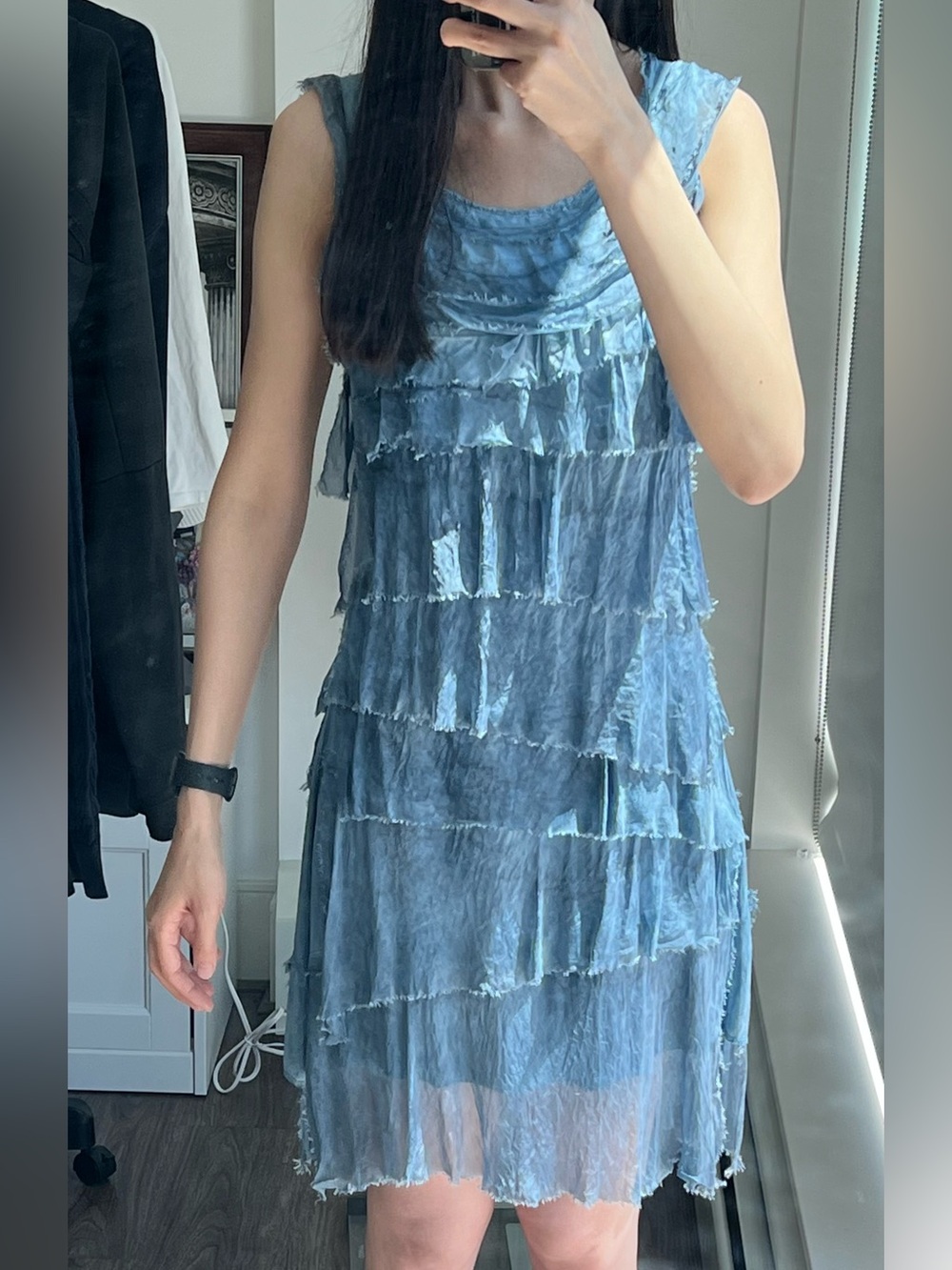 L.A.M.B. Dusty Blue Tiered Ruffle Mini Dress